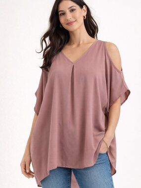 Peach Love Peek-a-Boo Shoulder Blouse Dusty Rose Flowy Boho Tunic Top Size M